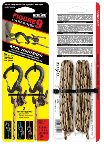 Nite Ize C9S-03-TP01 Small Figure 9 Carabiner with Rope, Black, Two-Pack