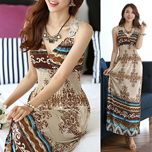 Maxi Lace Back Sexy Women Summer Bohemia V-Neck Long Beach Dress SV002563 One Size Vestidos (Color: Apricot)