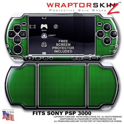 Carbon Fiber Green and Chrome WraptorSkinz Skin and Screen Protector Kit fits Sony PSP 3000
