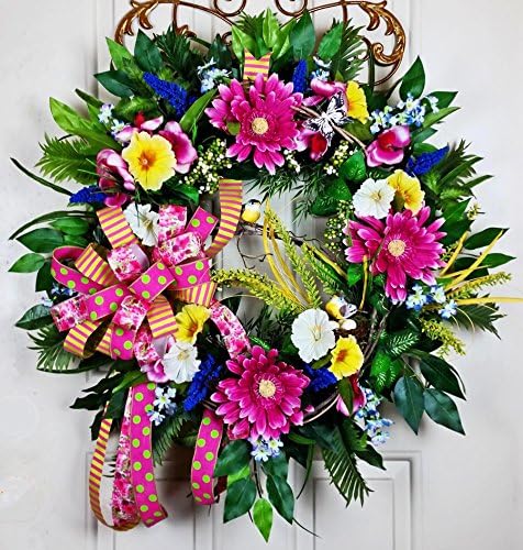 Handmade Pink Daisy Spring Summer Wreath - Butterfly Door Wreath - Spring Summer Door Decor - Blue Astilbe Grapevine Wreath