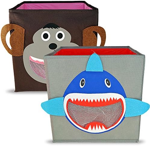 KSEVEN Animal Theme Children Storage Bin, Collapsible Foldable Fabric Toy Storage Box, Cute Closet Organizer tote for Kids Nursery Décor, Twin Pack - Shark + Monkey Cartoon