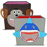 KSEVEN Animal Theme Children Storage Bin, Collapsible Foldable Fabric Toy Storage Box, Cute Closet Organizer tote for Kids Nursery Décor, Twin Pack - Shark + Monkey Cartoon