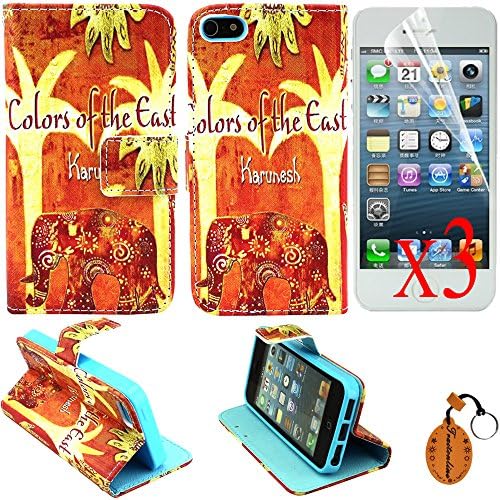 Traitonline Painting Art Style Design iPhone 5S Case, Flip Case [Stand View] Apple iPhone 5 5S Cover [Bangkok Elephants] Premium PU Leather [Wallet Case] with Built-in Media Stand, ID Credit Card / Cash Slots and Inner Pocket+3*Screen Protector