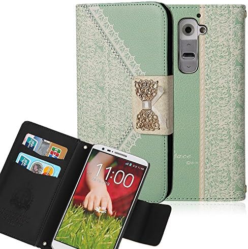 LG G2 Case, Kuteck LG G2 Wallet Case [Bow Lace Fashion] Bling PU Leather LG G2 Cover [Flip Cover] with Pocket for ID, Credit Cards Slots (LG Optimus G2 D800 D801 D802 D803 VS980 F320) (Green)