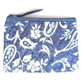 Small Cotton Cosmetic Bag/Coin Bag/Miscellaneous Bag, White Flowers & Paisley Design/Blue Background & Trim