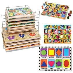 Melissa & Doug Deluxe Chunky Puzzle Bundle: Shapes Chunky, Jumbo Numbers Chunky, Jumbo ABC Chunky with Deluxe Wire Puzzle Rack
