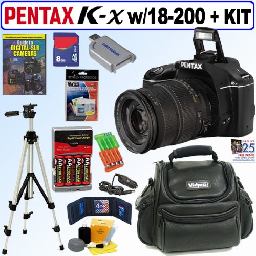 Pentax K-x 12.4 Megapixel Digital SLR Camera (Black) with Sigma 18-200mm f/3.5-6.3 DC Wide Angle Zoom Lens + 8GB Deluxe Accessory Kit