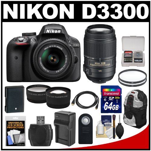 detail Nikon D3300 Digital SLR Camera & 18-55mm G VR DX II AF-S Zoom Lens (Black) with 55-300mm VR Lens + 64GB Card + Backpack + Battery & Charger + Tele/Wide Lens Kit