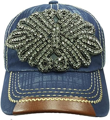 Women's Blue Baseball Distressed Cap Major Bling Hat With Big Rhinestone Crystal