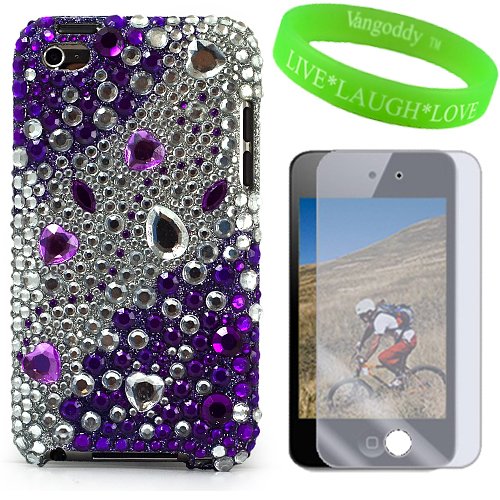 Premium Crystal Diamond Purple and White Rhinestone Jewel Case Hard Cover for iTouch 4 Snap on Case for Apple iPod Touch 4th generation (16gb , 32gb) + Screen Protector + Live * Laugh * Love Vangoddy Wrist Band!!!
