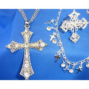 Religious Gift Set of Rhinestone Cross Necklace, Ring & Anklet