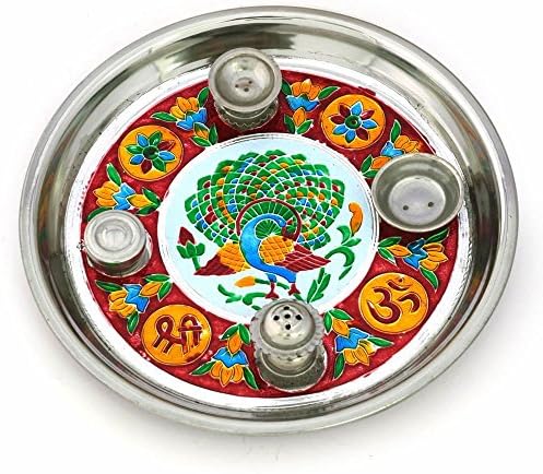 Indigocart Handcrafted Minakari Shubh Laabh Mayur Pooja Thali 296