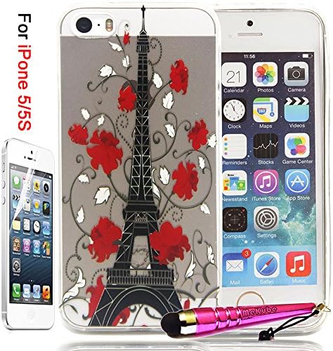 iPhone 5S Case, iPhone 5 Case Protector, MeKube® Packaging- Thin [Clear Transparent] [Flexible Gel] Soft TPU Case Skin Cover For Apple iPhone 5S / iPhone 5 , W/ Stylus (Red Flower Tower)