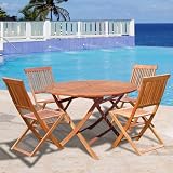 VIFAH Outdoor Wood Round Table and Wood Folding Chair Dining Set V1145SET1