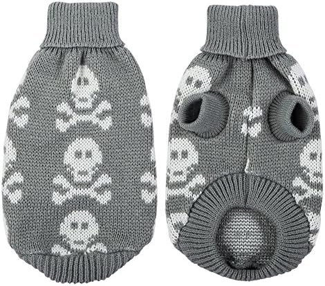Tuohai Turtleneck Sweater for Dogs, Pet Knitted Warm Coat Pullover with Skull Skelecton Pattern for Halloween Holiday Dress, Grey S
