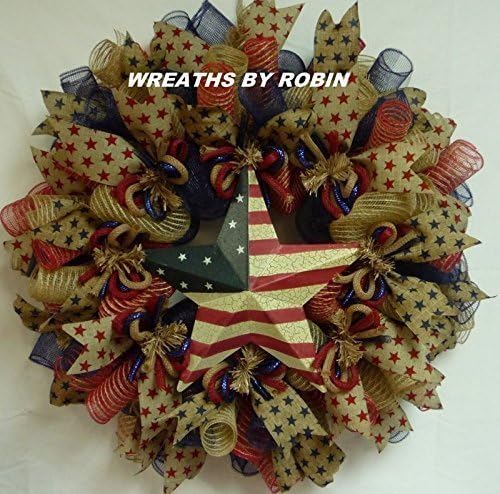 Patriotic Rustic Burlap Star Wreath, 4th of July wreath, Burlap Deco Mesh Wreath (2044)