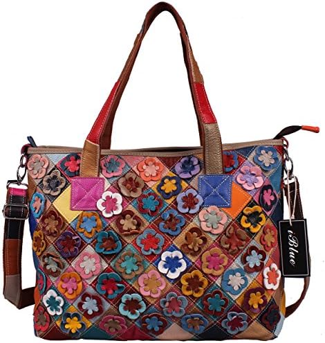Iblue 14 Inch Women's Genuine Leather Flower Tote Handbag #9668 (Multi Color)