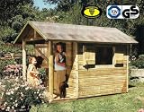 Kinderspielhaus Louis aus Holz mit Terrasse, Türe, Fensterläden und Fußboden