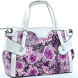Designer Inspired Synthetic Leather Dasein leopard floral printed tote bag – White / Purple
