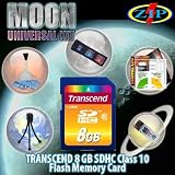 Transcend 8GB SDHC Class 10 Moon Universal Starter Kit. Kit Includes Transcends ULTRA High-Speed Class 10 SDHC card with LIFETIME WARRANTY, Tabletop bendable Wire Tripod, SD/SDHC USB Card Reader/Writer, LCD Protection Film Kit, Lens cleaning Kit and Memory Card wallet.