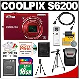 Nikon Coolpix S6200 Digital Camera (Red) with 16GB Card + Battery + Tripod  ....