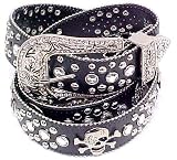 Crystal Rhinestone Black Leather Skull Studded Belt