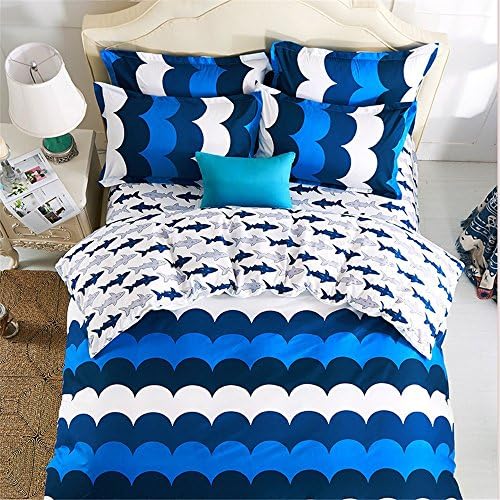 Home Textile Blue Sea Wave With Shark Print Bedding Sets No Comforter,100% Polyester Shark Kids Duvet Cover,(Double Size,4PC)