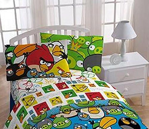 Kid's 10 pc Bedroom Ensemble: Angry Birds Twin/Full Comforter, Full Sheet Set, Blanket and Set of 2 Curtain Panels with Tie Backs