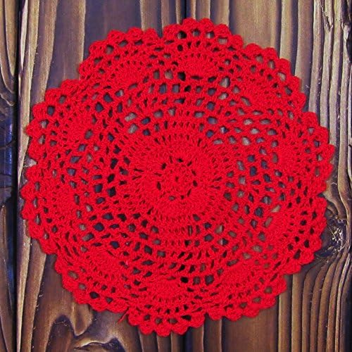 Homeaholic Cotton Handmade Crochet Lace Doilies Tablecloths Placemats, Mugs Glasses Coaster Set, Pack of 6, Blossom #9 - 7'', Red