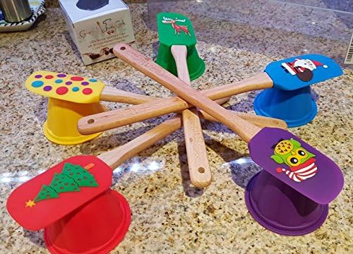 The Best 100% Silicone Holiday Spatulas (5) with Delightful 3D Vibrant Silicone Color Injected Icons & Solid Beech Wood Removable Handles + 5 Mini Bundt Molds