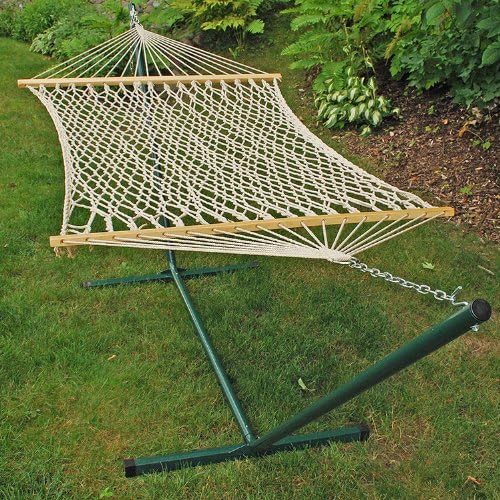 76" x 52" Natural Cotton Rope 2-Point Single Hammock and Stand Combination
