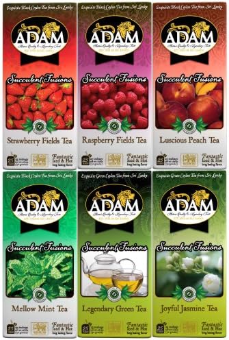 Adam Refreshing Iced Tea Assortment: %100 pure Ceylon Tea 25 count of each box, individually wrapped double chamber 2 gram micro wave safe tea bags. Marked with Ceylon Lion Seal Logo as proof of premium quality certification. (Green & Fruit, 6 Pack)