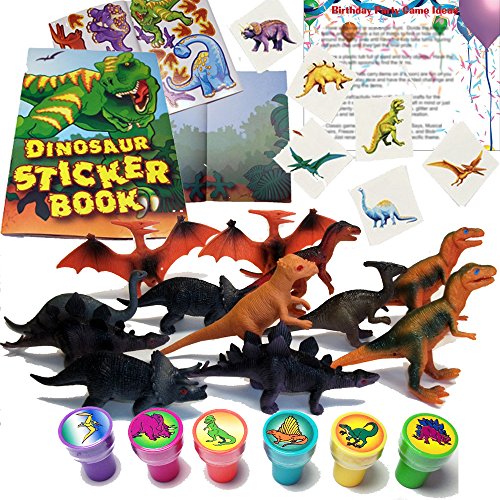 Dinosaur Birthday Party Favors for 12 - 12 Dinosaur Sticker Books, 12 Dinosaur Stampers, 36 Dinosaur Tattoos, 12 Dinosaur Figures (72 Pieces) and Bonus Birthday Party Game Ideas and Planning Tips (Bundle of 5)