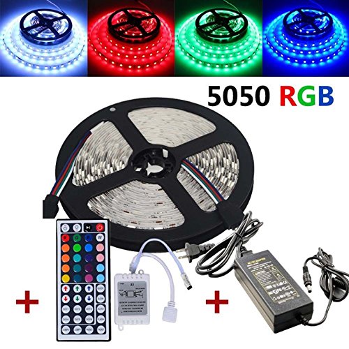 INIEIWO 5-Meter Waterproof Flexible Color Changing RGB SMD5050 300 LEDs Light Strip Kit with 44 Key Remote and 12V 5A Power Supply