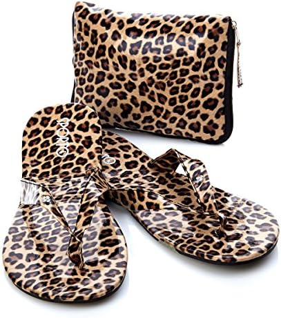 Sporto Womens Foldable Flip Flop Sandal with Coordinating Bag, Brown Leopard, Large (9-10)