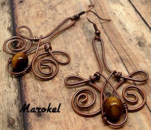 Tiger Eye Copper Earrings Abstract Coiled Wire Wrapped Oxidized Copper Gemstone