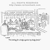 'Im looking for a hedge against my hedge funds.' Cartoon print by Robert Mankoff, Published in The New Yorker on 10/12/1998