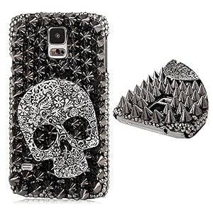 DYNBOSE 3D Handmade Crystal Sparkling Skull Black Rhinestone Diamond Bling Cover Case for Samsung Galaxy S5 I9600 SM-G900 Case Back Cover Pouch Shell Wallet