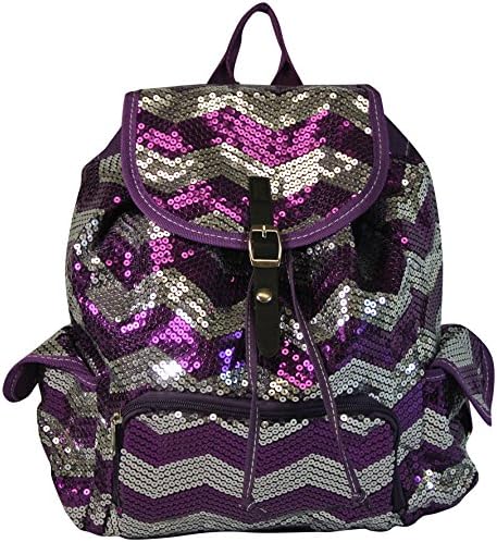 Chevron Backpack Zigzag Print Purse Sequined Book Bag Handbag Purple and Silver