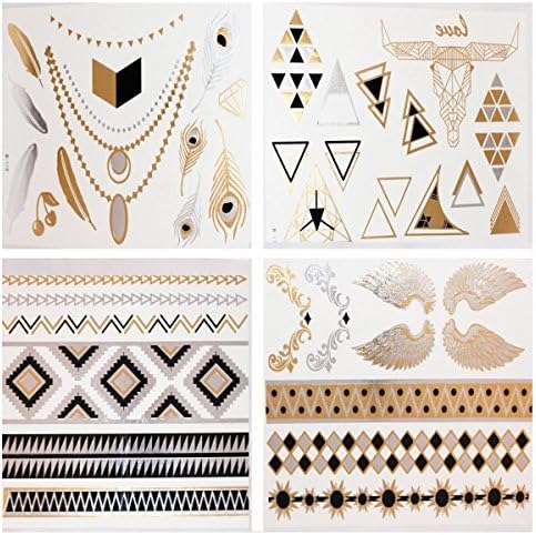 Flash Temporary Tattoos 4 Sheets - Feel Gorgeous & Look Stylish in Your Trendsetter Collection - 10x Better than Makeup or Henna Body Paints - Custom Jewelry Designs in Gold, Black and Silver Glitters - Own Your Style with Our Money Back Guarantee