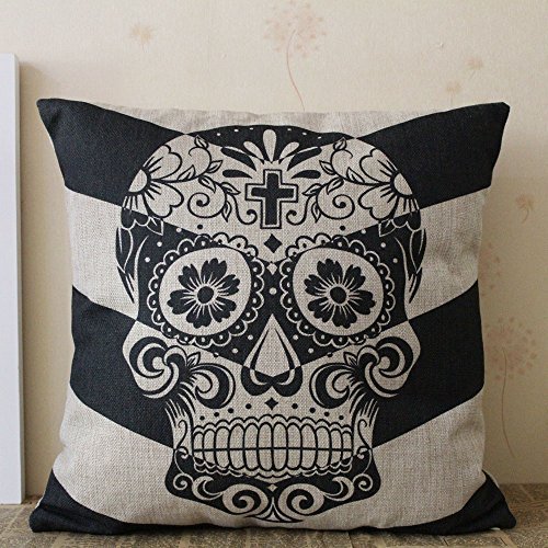 LINKWELL 18inches Black Chevron Skull Big V with Cross in the Forehead Halloween All Hallows' Eve Burlap Square Cushion Cover Pillow Case Mexican Day of the Dead Calavera All Souls Day Dia De Muertos
