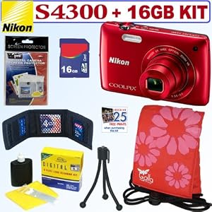 Nikon COOLPIX S4300 16 MP Digital Camera (Red) + 16GB Accessory Kit