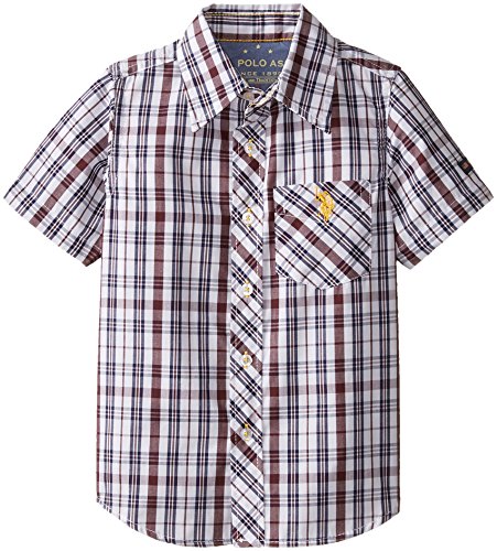 U.S. Polo Assn. Little Boys' Single Pocket Short Sleeve Plaid Sport Shirt, White, 5/6