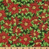 IMAGE OF 44'' Wide Festive Elegance Poinsettias Green/Red Fabric By The Yard