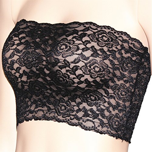 Women's Plus Size Floral Lace Unlined Stretchy Strapless See Through Bandeau Tube Top (S-L, Black)
