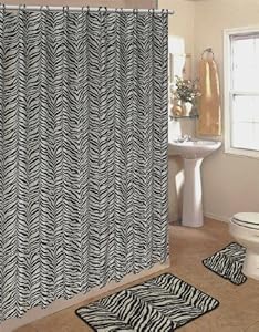 ZEBRA FABRIC SHOWER CURTAIN, FABRIC COVERED RINGS, AREA RUG & CONTOUR RUG SET - BLACK AND WHITE
