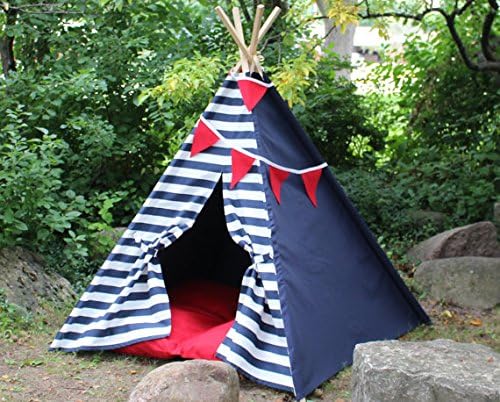 Kids Teepee Play Tent, 1.5" Wide Modern Navy Stripes with Solid Navy Walls, Large Play Tee Pee, Heavy Fabric, Fort, Wigwam, Playhouse