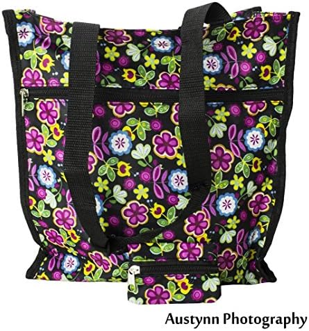 Tote Shoulder Zipper Bag Book Travel Flower Pattern Water Bottle External Pockets PLUS Coin ID Purse Carry on