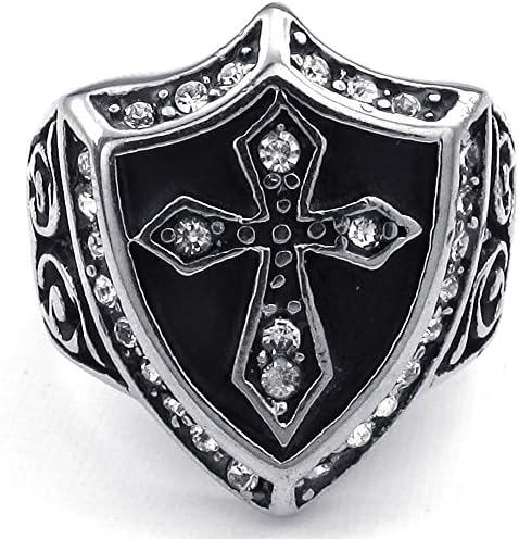KONOV Jewelry Mens Cubic Zirconia Stainless Steel Ring, Vintage Shield Cross, Black Silver, Size 11