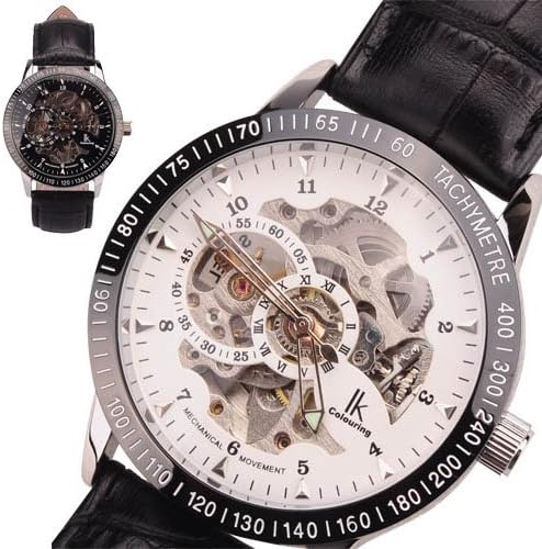 IK98226 Silver Skeleton PU Leather Noctilucent Pointer Automatic Mechanical Wristwatch - White